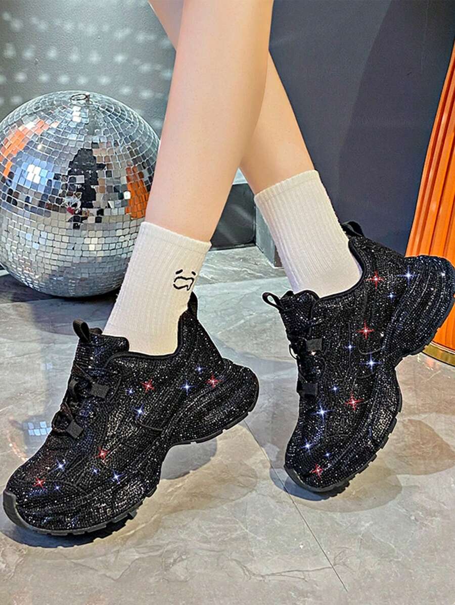 2026 New Black Rhinestone Decorated Women's Sports Shoes, Fashionable Thick Sole Elevated Casual Running Sneakers, Suitable For All Seasons