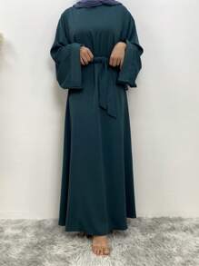 Fashiona Women's Solid Color Round Neck Loose Long Robe Dress, Dignified - Dark Green - View 4
