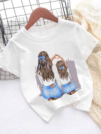 Camiseta estampada de desenho animado para meninas, gola redonda, manga curta, primavera e verão, casual, camiseta para meninas