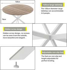 AYYDS 120 Cm Round Wooden Kitchen & Dining Room Table - Retro Industrial Style With Natural Walnut Finish And White Table Legs (Chairs Not Included) - White - View 5