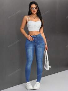 Jeans Mujer De Mezclilla Jeans ajustados de cintura alta para mujer, mezclilla elástica, estilo casual, azul clásico, pantalón largo, ropa de uso diario a la moda Vaqueros Ajustados De Cintura Alta Lavados