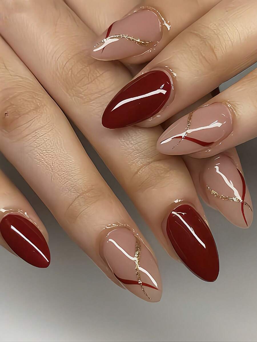 24 片杏仁形优雅勃艮第假指甲时尚条纹法式全覆盖假指甲，适合女性和女孩，立即提升您的外观，1 片果冻凝胶 + 1 条锉刀果冻凝胶，随机发货按压指甲美甲用品指甲 - 紅色 - 查看 1