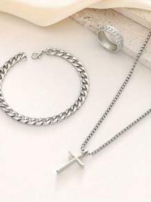 3pcs/Set Men's Hiphop Stainless Steel Chain Swivel Clasp, Pressure Resistant Ring, Bracelet, Cross Necklace - Arrow Three Piece Set - View 2