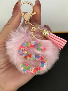 Letter Initial Keychain, Cute Fluffy Ball Keyring, Can Be Hung On Bags, Backpacks, Cars, Ideal Gift For Women And Girls, Also A Wallet And Handbag Accessory. This Tassel Keychain Includes Letters A-Z, Suitable For Commuting Wear. - Pink - View 6