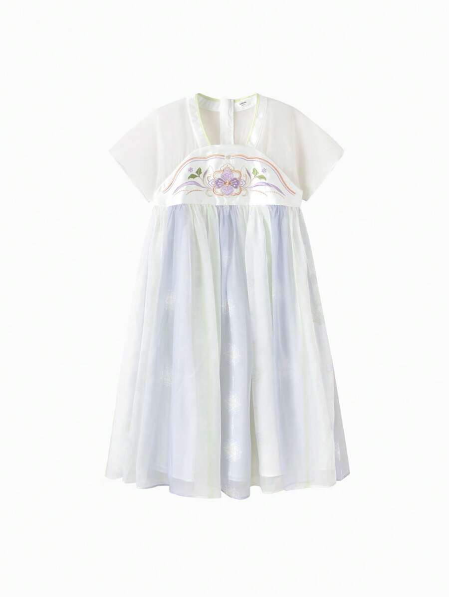 Balabala Girls' Embroidered Hanfu Dress, Modern Chinese-Style Summer Outfit, 2025