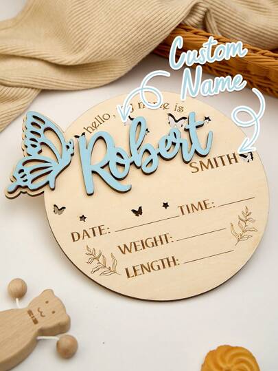 1pc Custom Kids Teen Announcement Sign, Personalized Newborn Name Wood Sign With Butterfly Shape, 2 Sizes, Round Wooden Birth Name Plaque, Hello World Reveal Photo Props, Perfect New Parent Souvenirs, Baby Birth Announcement Wooden Plate Baby Girl Boy Alphabet Graphic Monthly Milestone Card Hello World Newborn Logo, Baby Name Reveal, Shower Gift For Newborn, Gifts Back To School, Baby Gift, Gift For Kid, New Mom Gifts,Multi-Functional,Ornamental,Engraved,Letter,Stylish,Cute,Colorful,Kawaii,Adorable,Casual,Unique,Customized,Baby Gifts,Cutebaby,Family,Friends,Daughter,Son,Her,For Children's Day,Spring Break, Son, Daughter