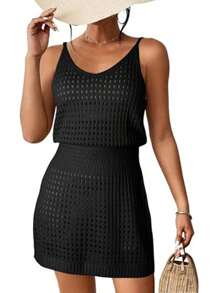 Summer Crochet Hollow Out Knit Beach Bathing Suit Swim Cover Ups Cruise Outfits Vacation Dresses For Women 2025 - 黑色 - 查看 1