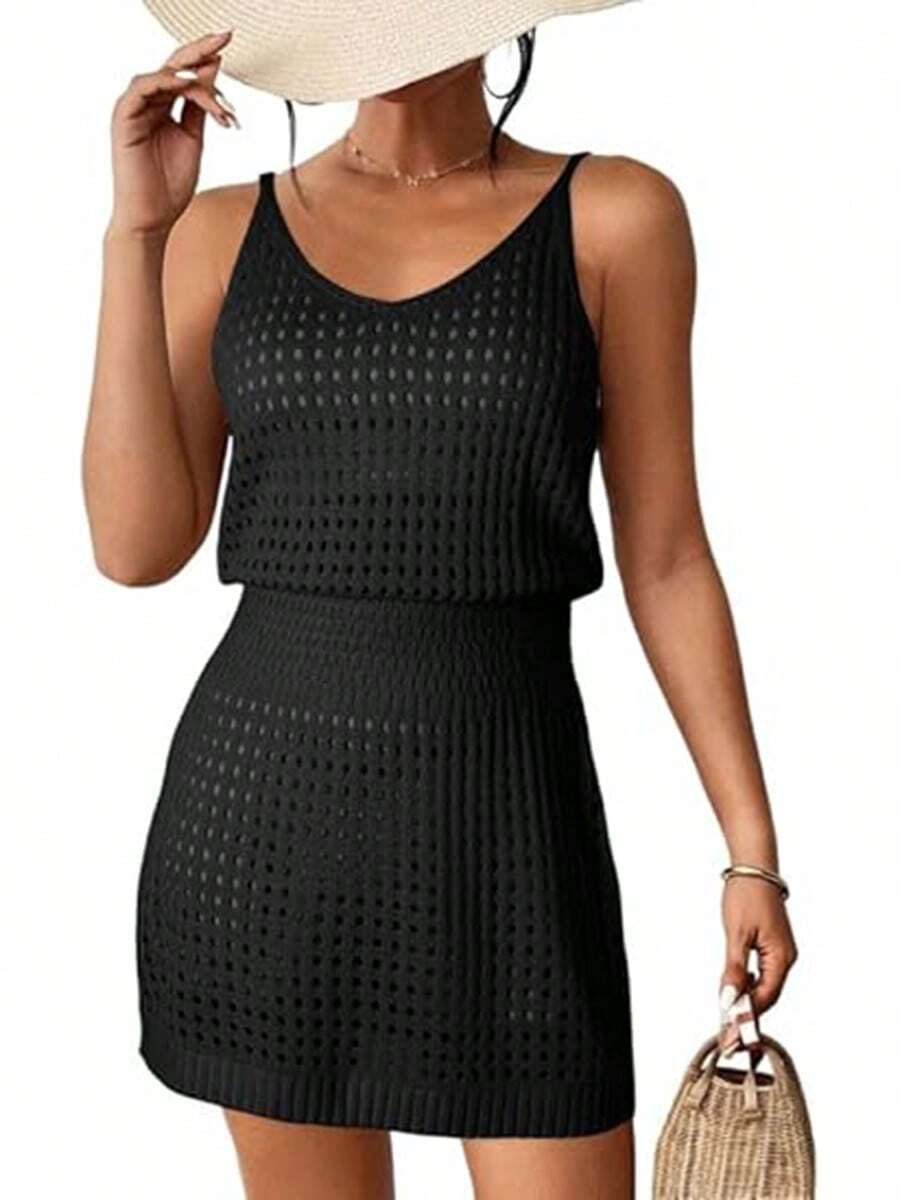 Summer Crochet Hollow Out Knit Beach Bathing Suit Swim Cover Ups Cruise Outfits Vacation Dresses For Women 2025 - 黑色 - 查看 1