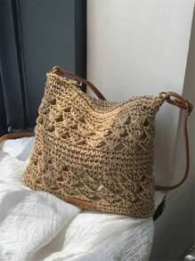 Mini Handmade Crochet Solid Color Crossbody Bag, Small Size Woven Adjustable Strap Messenger Bag, Fashion Hollow Floral Design Cell Phone Pouch Purse, Perfectly Matching With Crochet Set