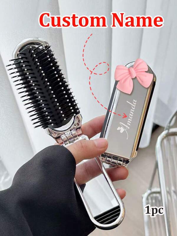 1/2Pcs Custom Engraving Name Hair Brush With Mirror, Personalized Mini Folding Folding Comb Mirror, Customized Engraved Folding Hair Brush, Customizable Travel Hair Brush Back To School