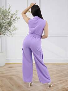 Palazzo Jumpsuit Wide Leg Cargo Pockets Shirt Collar Sleeveless Single Breasted Elegant Belt - 紫丁香色 - 查看 2