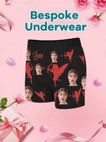 1-Piece Men's Custom Underwear, Printed With Facial Photos, Customized Personalized Men's Boxer Briefs With Face Portraits Personalized Customized For Boyfriend And Husband, Cupid Pattern Love Letter Printed Fashion Boxer Briefs, High Stretch And Comfortable Underwear, Four Seasons Can Wear Holiday Gifts.