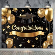 1 PC, Polyester Fiber Graduation Party Banner, Black And Gold Congratulatory Background Board, Multifunctional Room And Entrance Decoration, No Electricity Required, Suitable For All Seasons