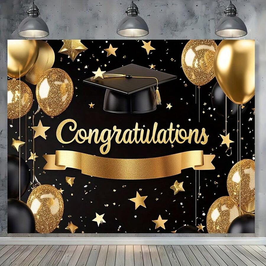 1 PC, Polyester Fiber Graduation Party Banner, Black And Gold Congratulatory Background Board, Multifunctional Room And Entrance Decoration, No Electricity Required, Suitable For All Seasons