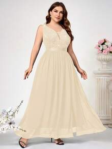 Plus Size Deep V-Neck Sequin Floral Lace Chiffon Sleeveless Formal Party Maxi Dress - Light Yellow - View 3