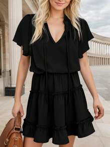 Woman Casual Summer Ruffle Design Mini Light Dress - 黑色 - 查看 1