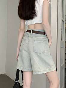 女士休闲水洗宽松褶皱牛仔短裤 - 淺藍色 - 查看 3