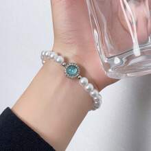 7-częściowy zestaw biżuterii z pereł w kolorze morskim, elegancki styl retro, niebieskie kolczyki z pereł, niebieski naszyjnik z pereł, niebieska bransoletka z pereł - odpowiedni do codziennego noszenia przez kobiety