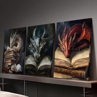 3幅现代奇幻主题墙画海报，色彩鲜艳，帆布材质，包含3幅描绘迷人巨龙和神话书籍的帆布画，无框设计，当代经典风格，适合室内/室外使用，是客厅、卧室、家庭办公室龙主题装饰的理想之选，也可作为墙画使用。