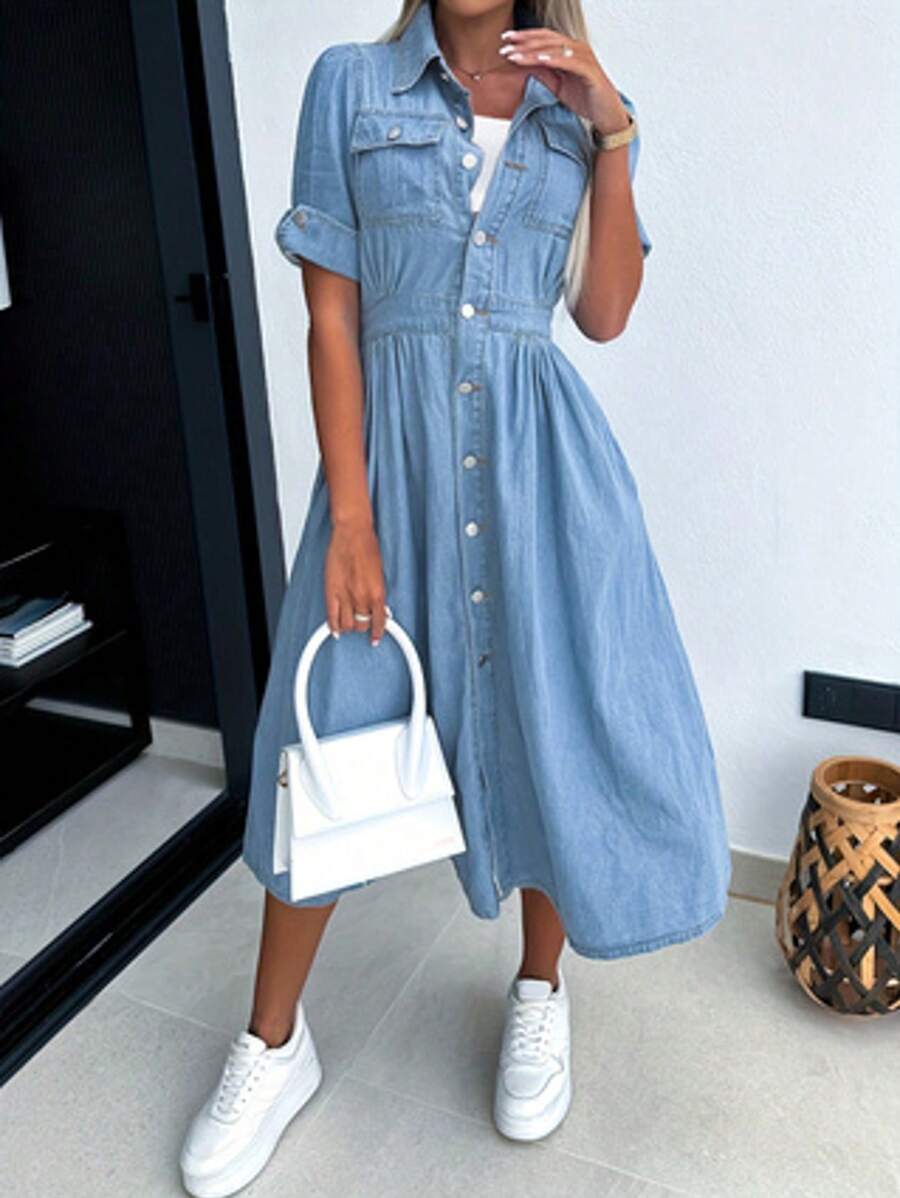 Short-Sleeved Lapel Denim Dress, Single-Breasted Design With Flip Pocket, Slim And Elastic Version, Suitable For Everyday Women's Denim Clothing. - 藍色 - 查看 1