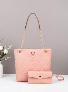2pcs Set Solid Color Quilted PU Leather Shoulder Bag With Pearl Tassel Zipper Closure Design, Simple & Versatile, Suitable For Daily Use/Shopping - Multicolor - View 5