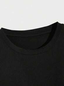 Cool Red Letter Print T-Shirt For Women, Women's 220g Casual Round Neck Heavy Pure Cotton T-Shirt (1 PC) - Black - View 5