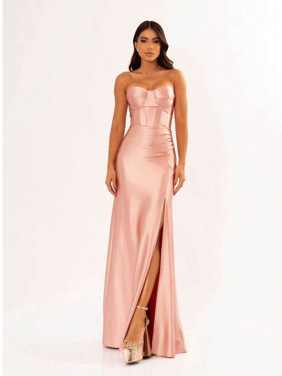 LONG WEDDING PARTY DRESS FOR BRIDESMAID FASHIONISTA STRAPLES WITH SLIT - Rusty Rose - View 1