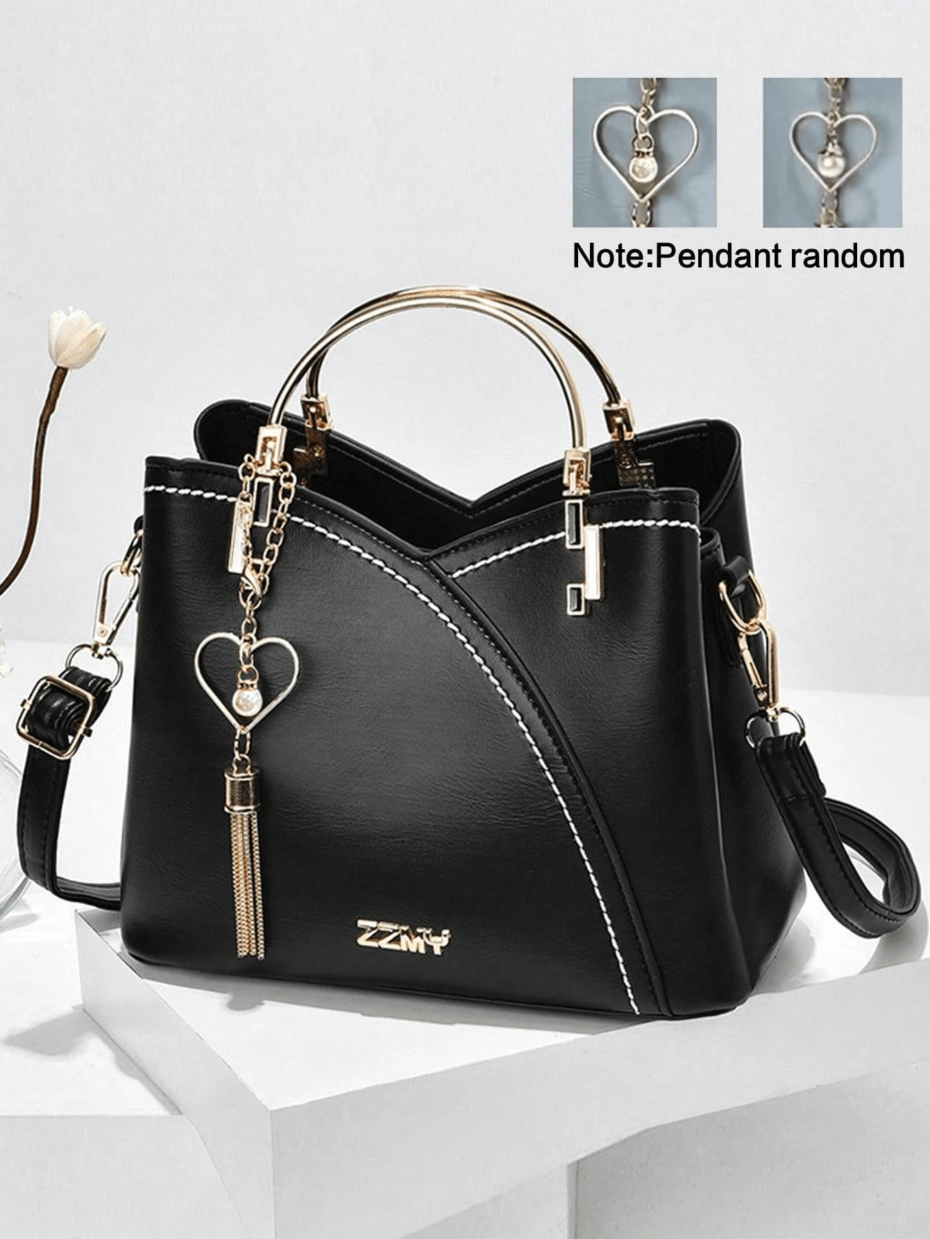 彩色单肩包，时尚心形金属流苏装饰斜挎包，女式顶部提手钱包 - 黑色 - 查看 1