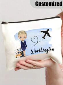 1 PC Fashionable Flight Attendant Personalized Cosmetic Bag - Polyester Makeup Pouch With Zipper, Machine Washable, Lightweight, Fade Resistant, Foldable, And Fixed Shoulder Strap For Customizable Travel Toiletry Organization And Easy Carrying - Beige - View 2