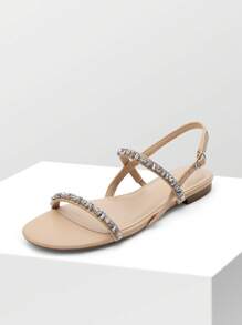 Women Flat Sandals Rhinestone Sparkling Design Summer Open Toe Adjustable Ankle Strap Sandals Fashion Comfortable Vacation Dress Casual Shoes - 杏色 - 查看 7