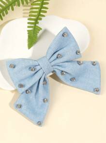 1 件装牛仔发夹蓝色蝴蝶结发夹，钻石装饰蝴蝶结鳄鱼夹发夹适合儿童女孩蓝色蝴蝶结发夹发饰 - 彩色 - 查看 2