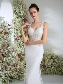 Summer Sequin Lace Plunging Neckline Ethereal Romantic Luxurious Bohemian Bridal Shower Dresses White Outdoor Mermaid Wedding Dress Bridal With Train,For Graduation, Dinner - White - View 5