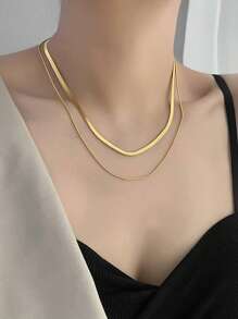 Stainless Steel Waterproof Non-Fading Gold Color Double-Layer Necklace, Round & Flat Snake Bone Chain, Suitable For Women's Daily Wear