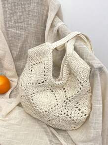 Handmade Crochet Hollow Tote Bag, Large Capacity, Pure Handwoven, Suitable For Summer Beach Vacation, Travel, Sweet Lady Bag, Beach Necessities, Beach Essentials,Beach Stuff & Summer Essentials, Newest Holiday Bag