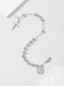 1pc 925 Sterling Silver Antioxidant Real Platinum Plated, Monobloc Carved Priest Cross Jesus Prayer Beads Bracelet, Comes With Deluxe Gift Box And Bag, Suitable For Mother's/Valentine's Day, Couples, Friends, Believers, First Holy , Everyday & Festival Wear, Prayer - White - View 5