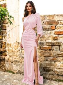 Women's Elegant Asymmetrical Neckline Balloon Sleeve Thigh Slit Cocktail Dress - 淺粉色 - 查看 1