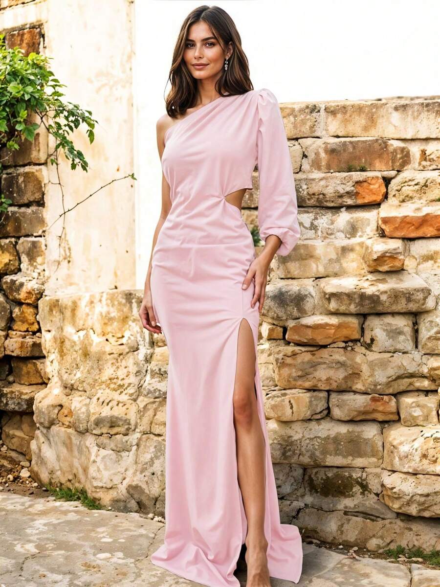 Women's Elegant Asymmetrical Neckline Balloon Sleeve Thigh Slit Cocktail Dress - 淺粉色 - 查看 1