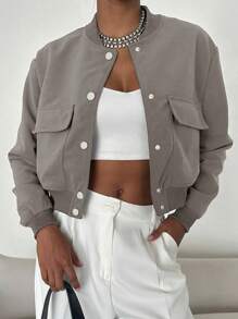 Apperloth A 90s Streetwear Grey Flap Pocket Snap Button Front Baseball Collar Loose Fit Oversize Bomber Jacket Coats - 深灰色 - 查看 1