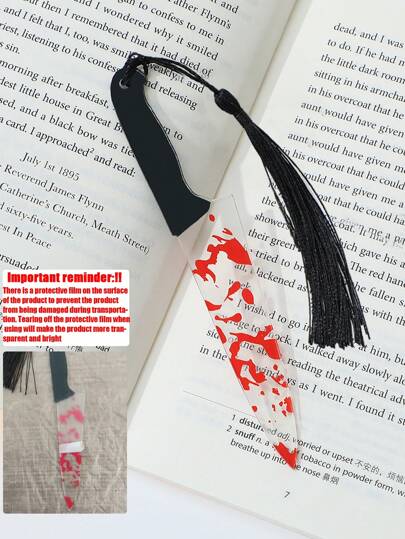 Acrylic Transparent Bookmark With Blood Splatter Design And Tassels, Classic Horror Prank Prop, Suitable For Office And Party Decoration,School Supplies,Back To School