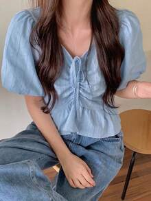 女士纯色简约短袖休闲衬衫上衣 - 藍色 - 查看 4