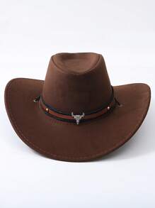 1pc Faux Suede Western Cowboy Hat With Detachable Longhorn Decor, Unisex Cowgirl/Cowboy Sun Hat For Casual Occasions - Bull Head Cowboy Hat - View 2