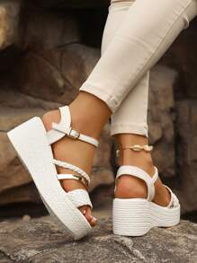 女士大码时尚编织带搭扣露趾休闲防滑厚底坡跟凉鞋，舒适百搭，适合夏季搭配裤装和裙装，旅行必备 - 白色 - 查看 8