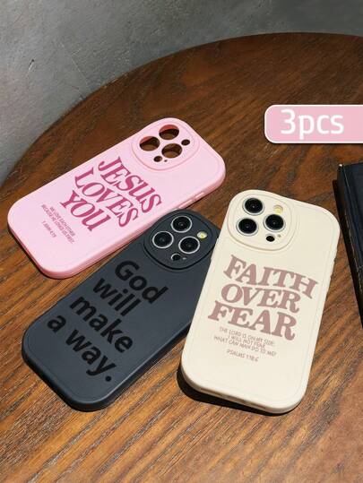 3pcs Christian Style Black/Beige/Pink Phone Cases Compatible With IPhone & Galaxy
