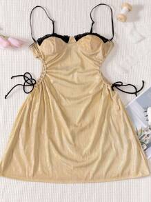 1pc Metallic Gold Elastic Hollow Out Drawstring Sexy Nightgown With Spaghetti Straps - Apricot - View 8