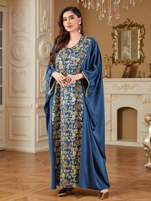 Abaya 时尚亮片刺绣蝙蝠袖宽松腰连衣裙