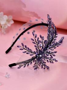 1 Piece Of Women's Fashionable Elegant Purple Crystal Wide Brimmed Headband With Elegant And Unique Leaf Design Beaded Mesh Hair Accessory, Light And Luxurious Wedding Banquet, Holiday Party, Birthday Bridesmaid Gift, Daily Leisure Commuting Accessories.