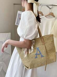 定制刺绣草编手提包，大容量，新款简约编织包，大学生单肩包，编织沙滩包 - 彩色 - 查看 12