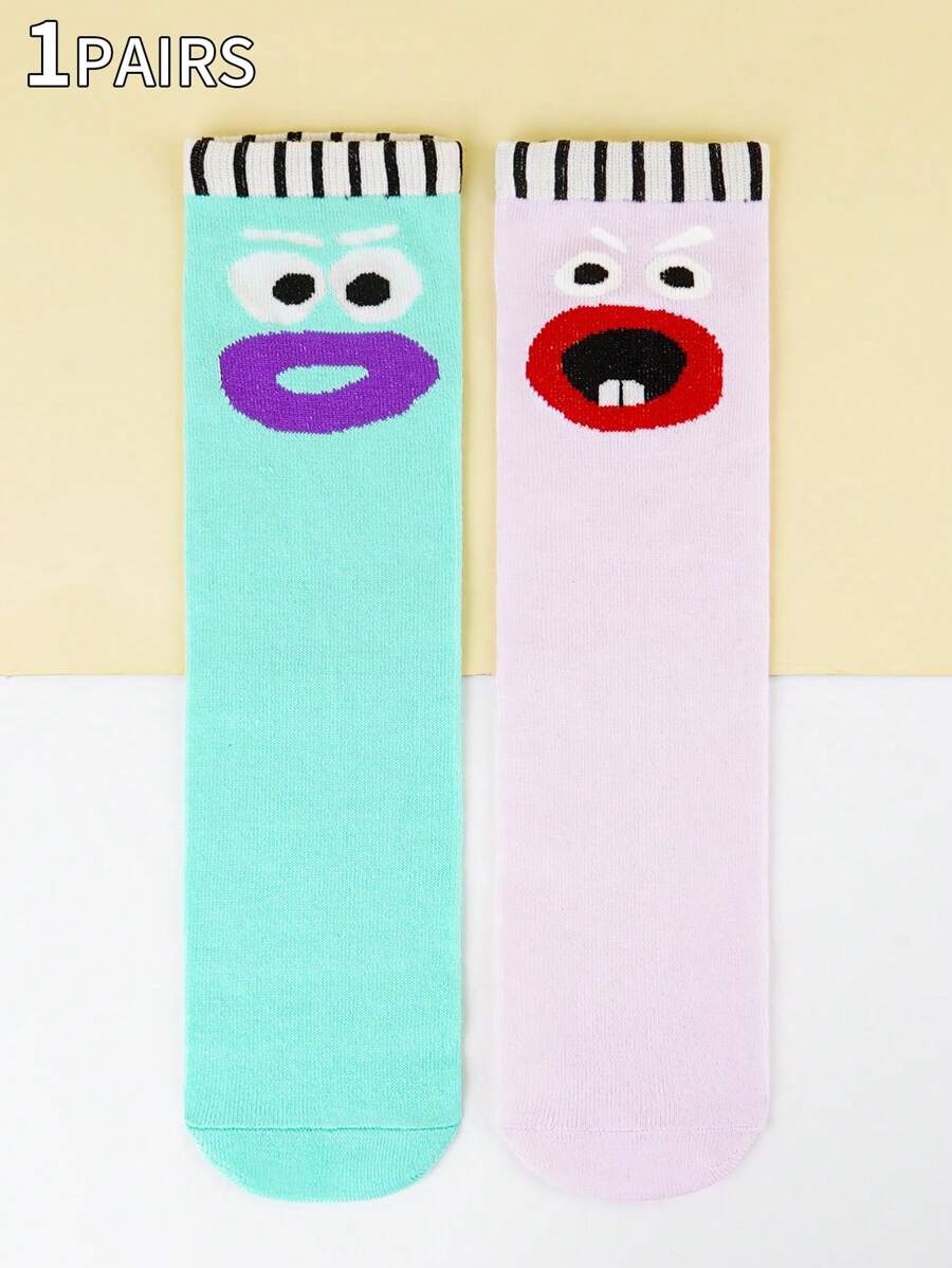 1 Pair Fun Cartoon Pattern Socks With Elastic Cuff, Made Of Polyester And Spandex, Knee-High Length, Knitted Fabric, Suitable For Boys And Girls, Funny Design, Hand Wash, Suitable For Year-Round Wear, Perfect For Home, School, Party, Outdoor, And Holiday Gift