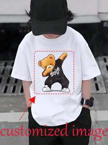 Camiseta de Manga Curta com Estampa Customizada de Urso, Gola Redonda de Manga Longa, Esportiva e Versátil, Confortável, Infantil e Toddler - Branco - Visão 1