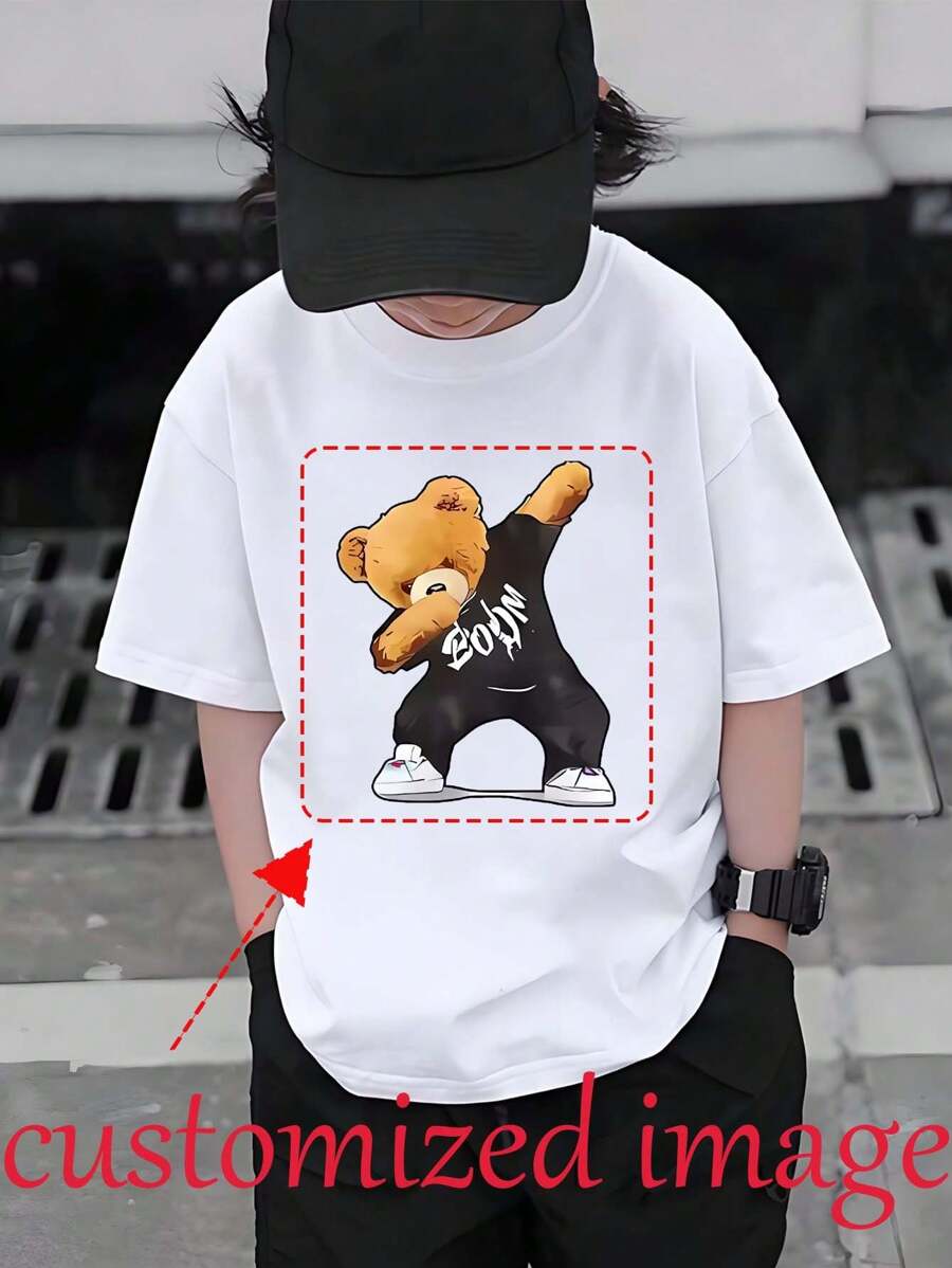Camiseta de Manga Curta com Estampa Customizada de Urso, Gola Redonda de Manga Longa, Esportiva e Versátil, Confortável, Infantil e Toddler - Branco - Visão 1